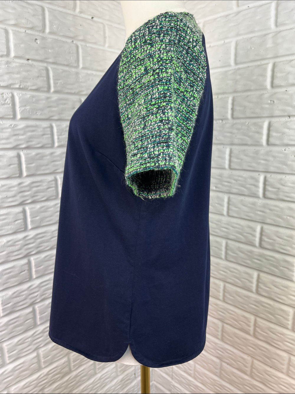 J.CREW TOP WITH TWEED SHOULDERS WOOL SILK BLEND MAVY GREEN SILVER SZ MED - Picture 5 of 14